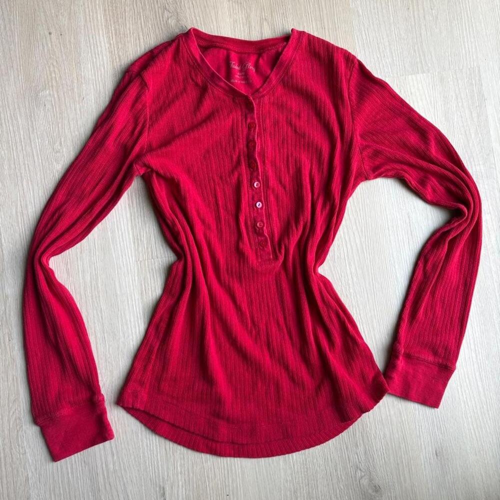 Y2K Red Henley Long Sleeve Top Size Small 100% Cotton Faded Glory